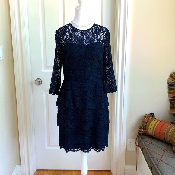 Whistles Navy Blue Victoria Lace Cocktail Dress w Tiered Skirt (10) - Picture 1 of 11